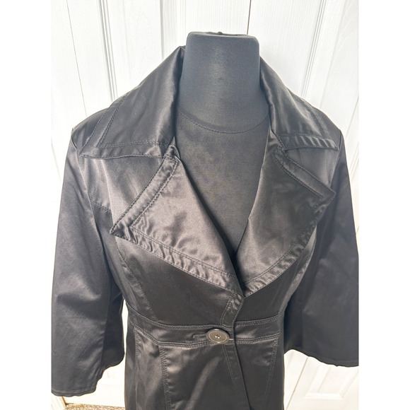 Cato Black Satin Trench Coat 3/4 Sleeve Button Front Jacket Size M Classic - Picture 2 of 12